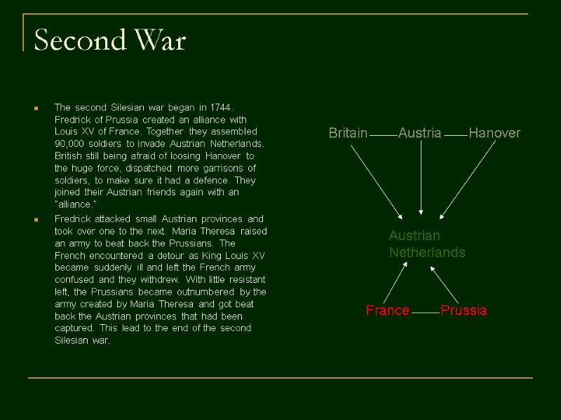 Second War The second Silesian war began in 1744. Fredrick of Prussia created an